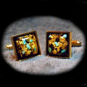 24K GOLD PLATED CUFFLINKS WITH ENCAPSULATED PYRITE & TURQUOISE CHIPS - McFGTT1